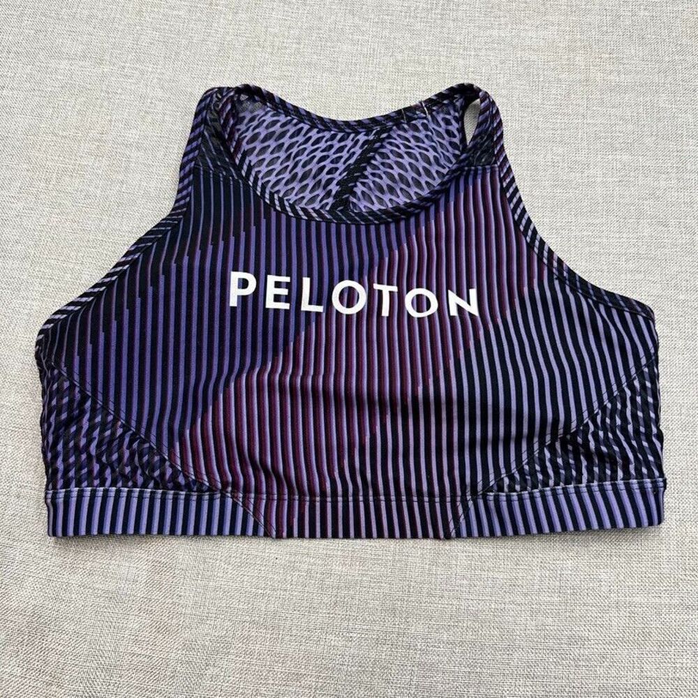 Peloton Purple and Black Striped High-Neck Sports Bra